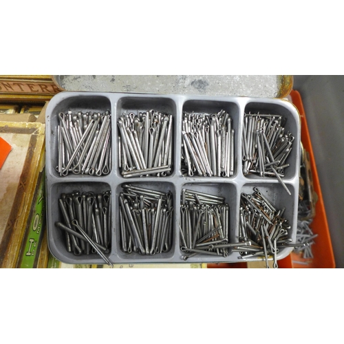 2013 - A box of assorted screws, oval nails, masonry nails and tacks etc.