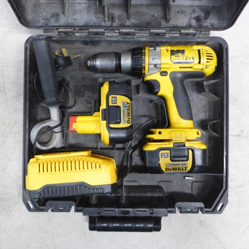 2023 - 2 DeWalt drills - an 18V DE9180 DeWalt drill, complete, in case with two 18v Li-ion batteries and ba... 