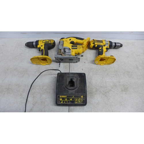 2026 - 3 DeWalt power tools including a DC988 power drill, DC725 power drill and a DC330 jigsaw, all cordle... 