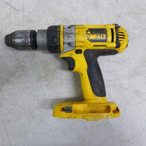 2026 - 3 DeWalt power tools including a DC988 power drill, DC725 power drill and a DC330 jigsaw, all cordle... 