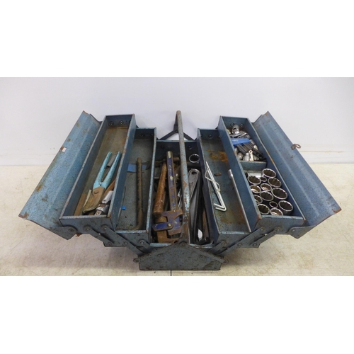 2029 - A blue metal tool box with sockets, allen keys, wrenches, files, etc.