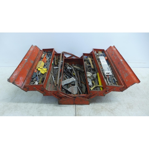 2031 - A red metal toolbox with a large quantity of drill bits, pliers, files, a G-clamp, mini wrenches