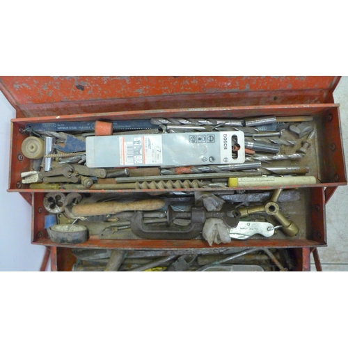 2031 - A red metal toolbox with a large quantity of drill bits, pliers, files, a G-clamp, mini wrenches