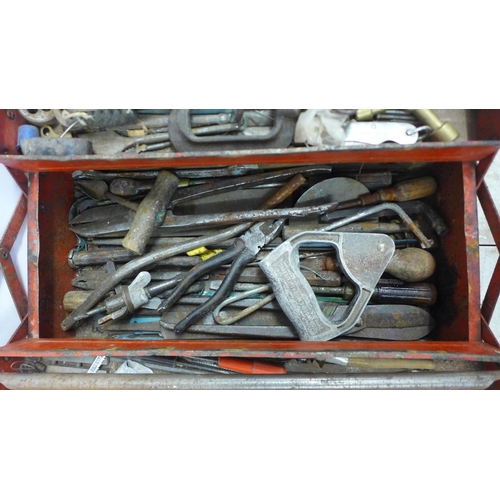 2031 - A red metal toolbox with a large quantity of drill bits, pliers, files, a G-clamp, mini wrenches