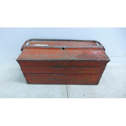 2031 - A red metal toolbox with a large quantity of drill bits, pliers, files, a G-clamp, mini wrenches