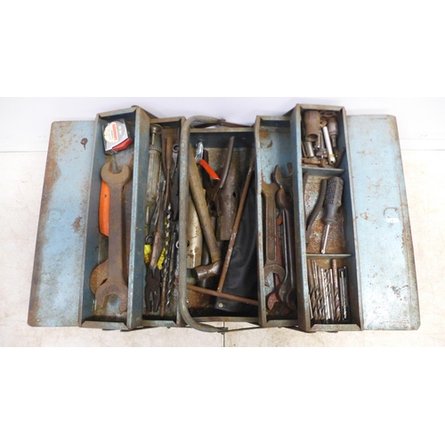 2033 - 4 metal cantilever tool boxes with assorted hand tools including spanners, sockets, drill bits etc.