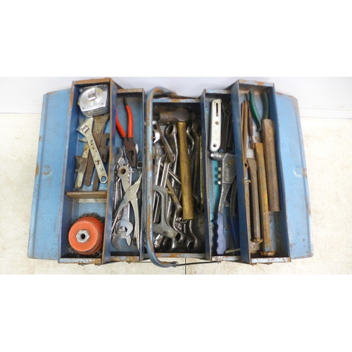 2033 - 4 metal cantilever tool boxes with assorted hand tools including spanners, sockets, drill bits etc.