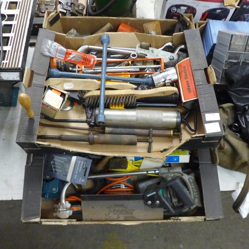 2048 - 3 trays of assorted tools and other items including wire brush, grease guns, spanners, drill bits, p... 