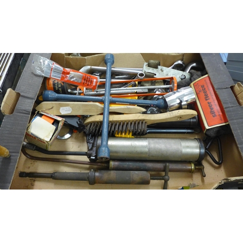 2048 - 3 trays of assorted tools and other items including wire brush, grease guns, spanners, drill bits, p... 