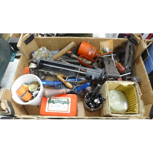 2048 - 3 trays of assorted tools and other items including wire brush, grease guns, spanners, drill bits, p... 