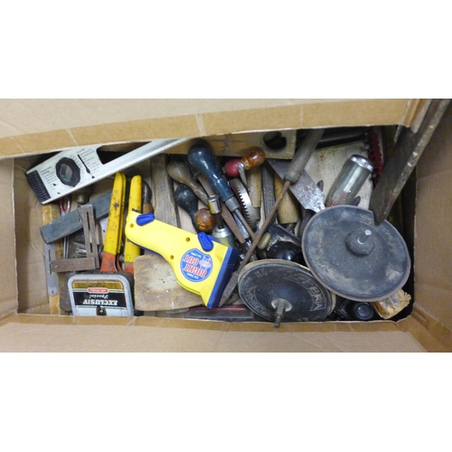 2057 - Two boxes of assorted hand tools including word working tools, drill bits, spanners, etc.