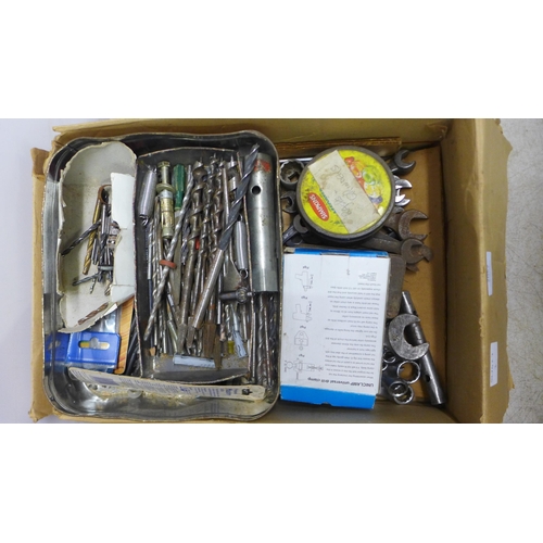 2057 - Two boxes of assorted hand tools including word working tools, drill bits, spanners, etc.