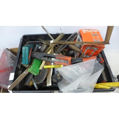 2067 - Two boxes of assorted hand tools including - files, drill bots, saws, Stiltons, spanners, mallets et... 