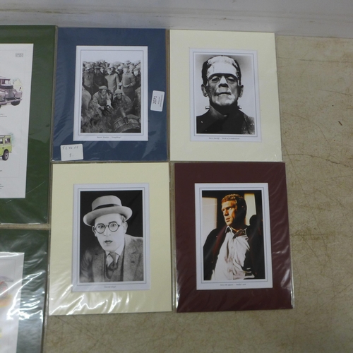 2071 - 25 x mounted prints of famous actors, service vehicles, tractors etc. in an assortment of sizes