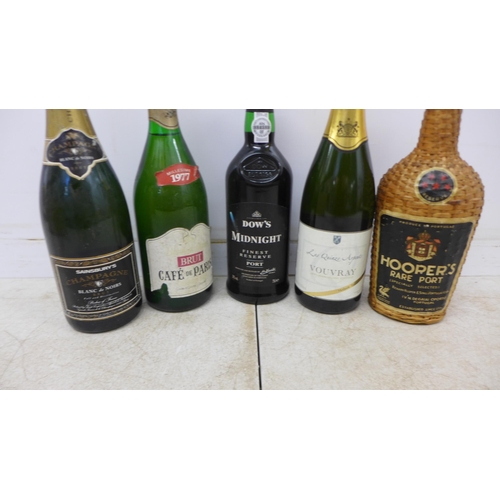 2074 - Five bottles of assorted wines and spirits including Hooper's Rare Port, Dow's Midnight Finest Reser... 