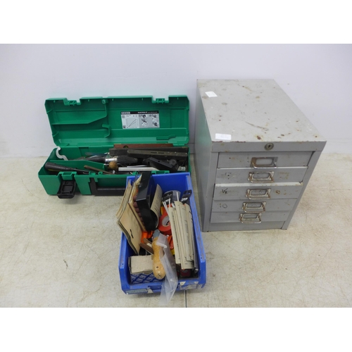 2097 - A 5 draw workshop cabinet with a linn bin and Leister tool case of tools