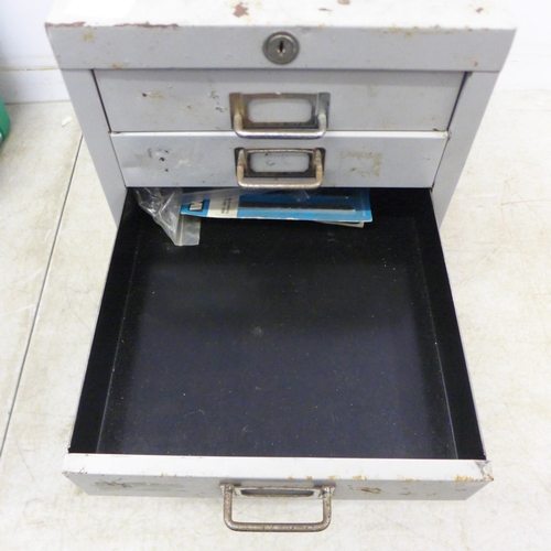 2097 - A 5 draw workshop cabinet with a linn bin and Leister tool case of tools