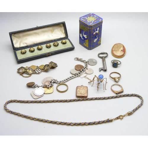 1005 - An enamelled box, two bracelets, other jewellery and case with six buttons, (5+1), etc.