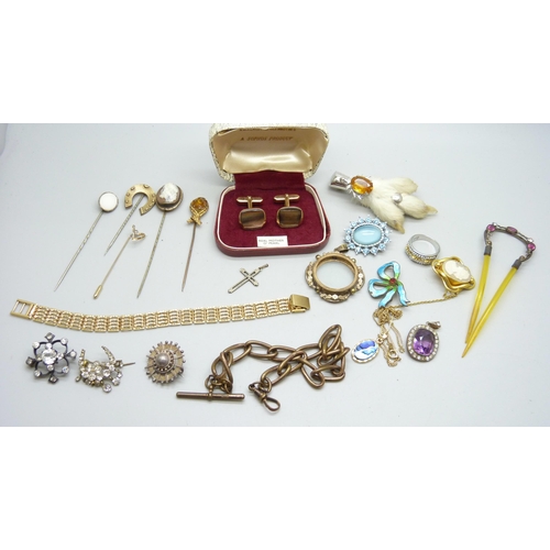 1006 - A collection of costume jewellery, stick pins, an Albert chain, etc.