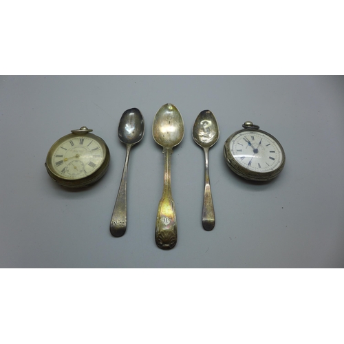 1019 - Two silver pocket watches including Graves and three silver spoons, (spoons 46g)