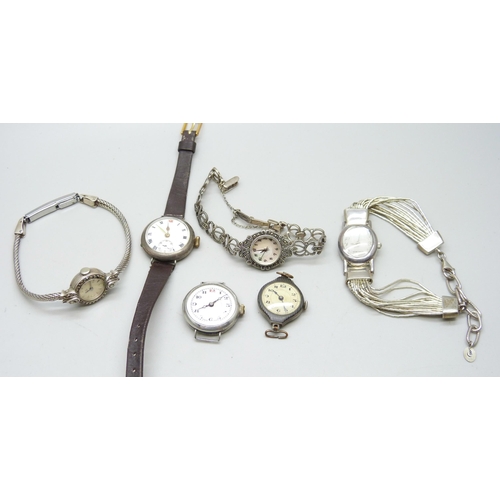 1026 - Six lady's silver wristwatches including silver and marcasite