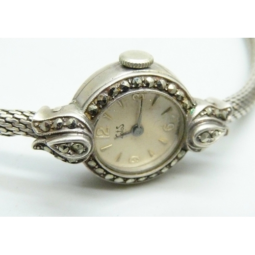 1026 - Six lady's silver wristwatches including silver and marcasite