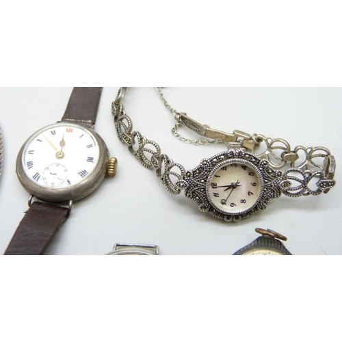 1026 - Six lady's silver wristwatches including silver and marcasite