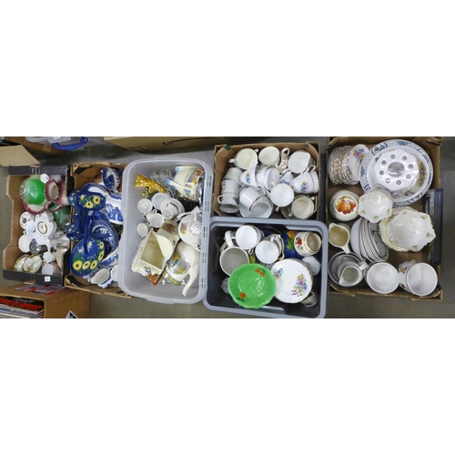 1038 - Six boxes of mixed china and glass including a George VI Coronation porcelain caravan, children's pa... 