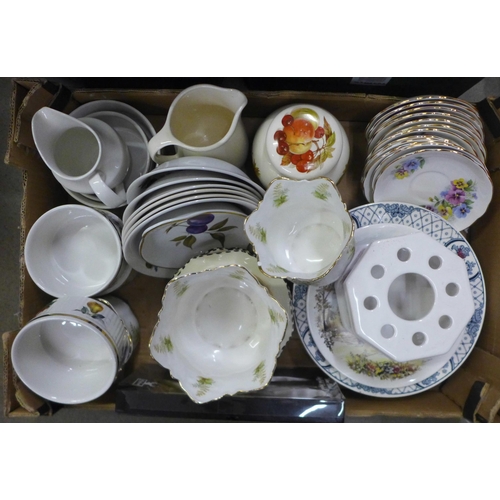 1038 - Six boxes of mixed china and glass including a George VI Coronation porcelain caravan, children's pa... 