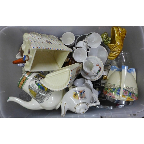 1038 - Six boxes of mixed china and glass including a George VI Coronation porcelain caravan, children's pa... 