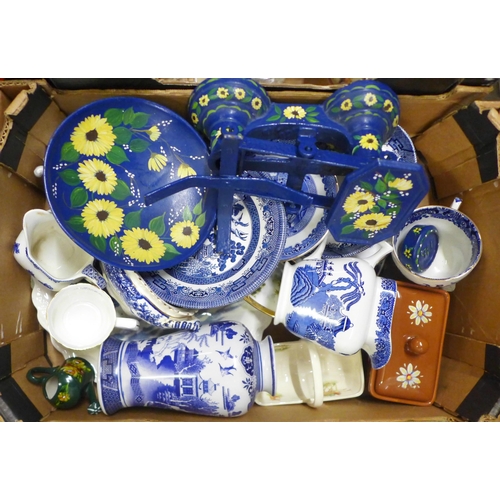 1038 - Six boxes of mixed china and glass including a George VI Coronation porcelain caravan, children's pa... 