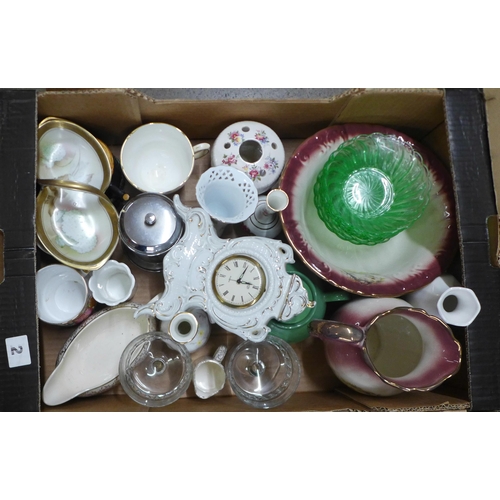 1038 - Six boxes of mixed china and glass including a George VI Coronation porcelain caravan, children's pa... 