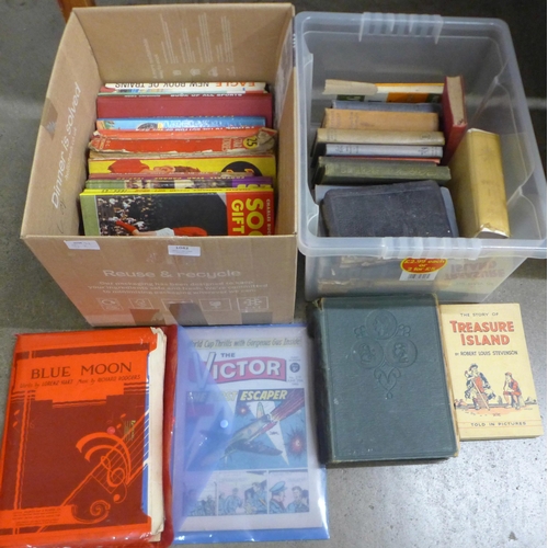 1042 - A box of mid century children's annuals, including two Charles Buchan's football books, 1960s Victor... 