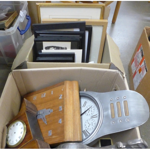 1043 - A box of mixed clocks, a box of framed watch adverts and four ceramic mugs **PLEASE NOTE THIS LOT IS... 