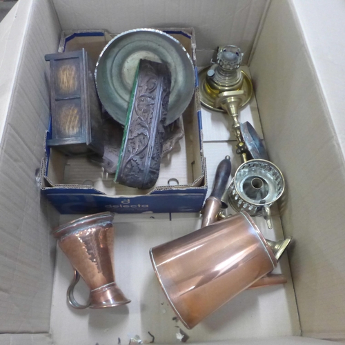 1045 - A box of treen, copper, oil lamps, etc. **PLEASE NOTE THIS LOT IS NOT ELIGIBLE FOR IN-HOUSE POSTING ... 