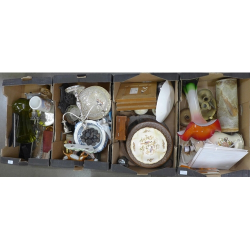 1048 - Four boxes of assorted items, glass vase, china, etchings, wooden dishes, candelabra, etc. **PLEASE ... 