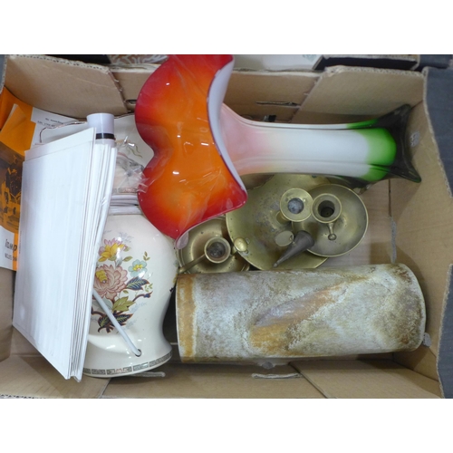 1048 - Four boxes of assorted items, glass vase, china, etchings, wooden dishes, candelabra, etc. **PLEASE ... 