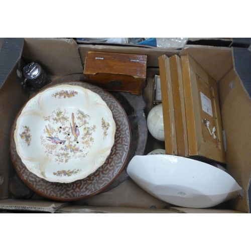 1048 - Four boxes of assorted items, glass vase, china, etchings, wooden dishes, candelabra, etc. **PLEASE ... 