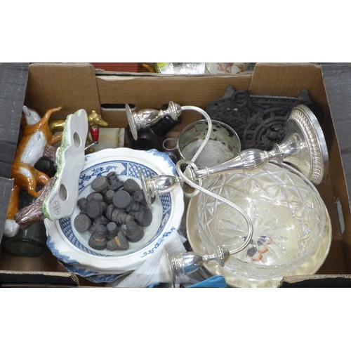 1048 - Four boxes of assorted items, glass vase, china, etchings, wooden dishes, candelabra, etc. **PLEASE ... 