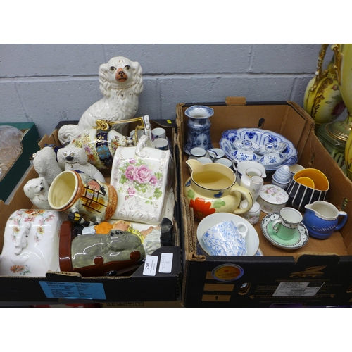 1052 - A Royal Doulton Happy John toby jug, Staffordshire spaniel, a pair of Staffordshire poodles, ceramic... 