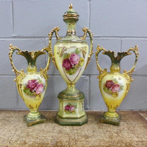 1053 - Three Victorian transfer printed vases, one with stand and cover **PLEASE NOTE THIS LOT IS NOT ELIGI... 