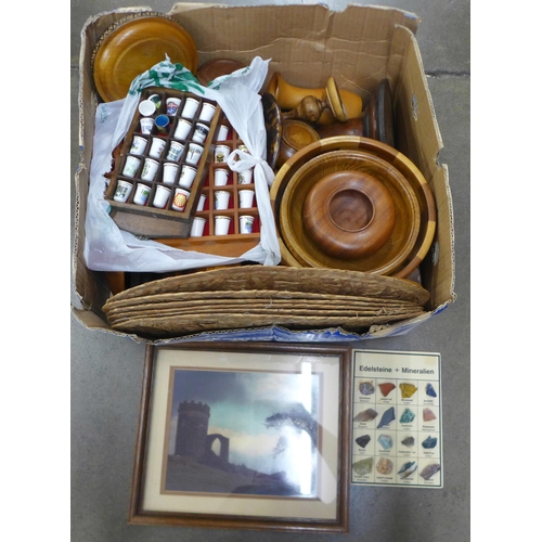 1063 - A box of treen, rock samples and a collection of china thimbles **PLEASE NOTE THIS LOT IS NOT ELIGIB... 