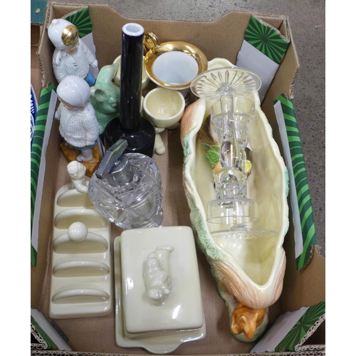 1069 - Assorted china including Sylvac, an Art Deco glass dressing table set, a Delft charger, Lurpak adver... 