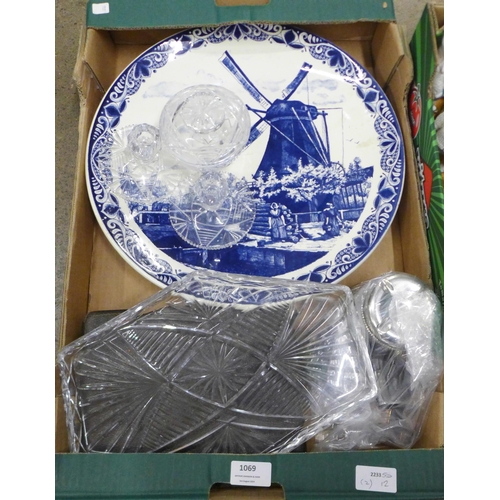 1069 - Assorted china including Sylvac, an Art Deco glass dressing table set, a Delft charger, Lurpak adver... 