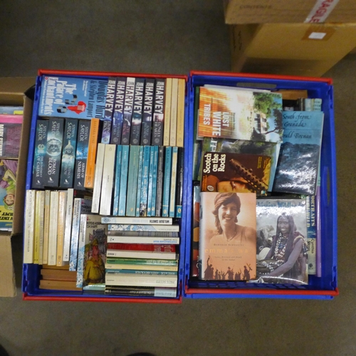 1078 - Fourteen boxes of mixed books, history, architecture, social history, novels and two boxes of record... 