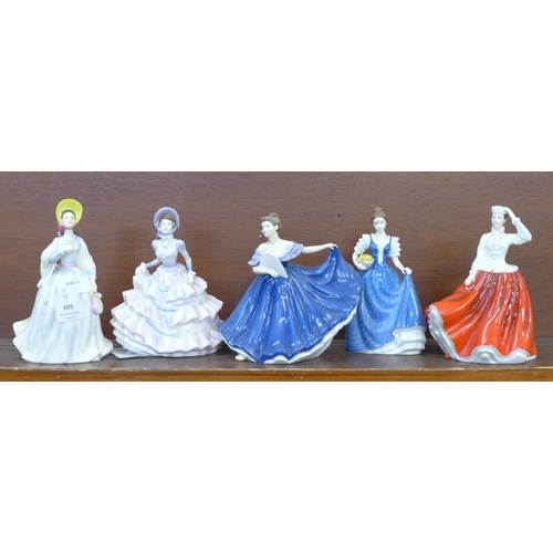 605 - Five Royal Doulton Pretty Ladies figures including Elaine, Gail and Helen