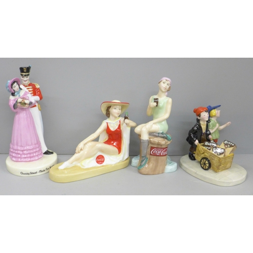 606 - Four Royal Doulton limited edition advertising figures, two Coca-Cola girls, Quality Street and Bist... 