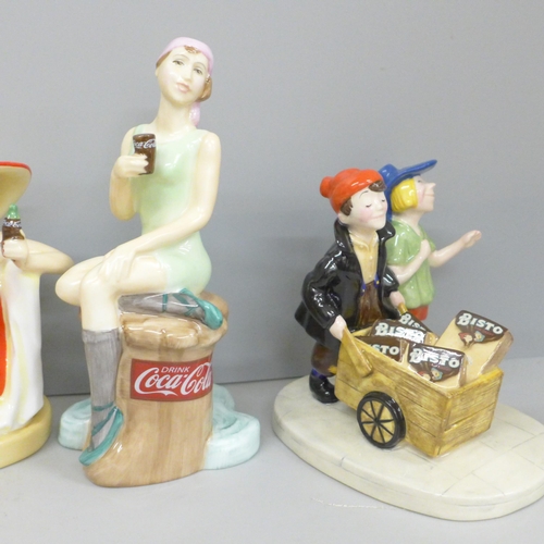 606 - Four Royal Doulton limited edition advertising figures, two Coca-Cola girls, Quality Street and Bist... 