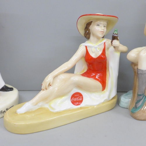 606 - Four Royal Doulton limited edition advertising figures, two Coca-Cola girls, Quality Street and Bist... 