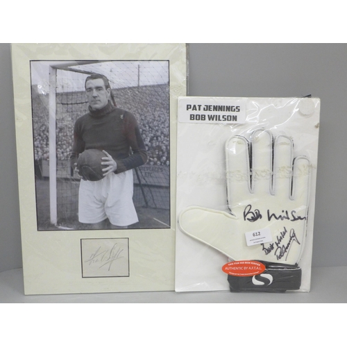 612 - A signed football goalkeeper's glove, Arsenal's Pat Jennings, Bob Wilson and signed display Frank Sw... 